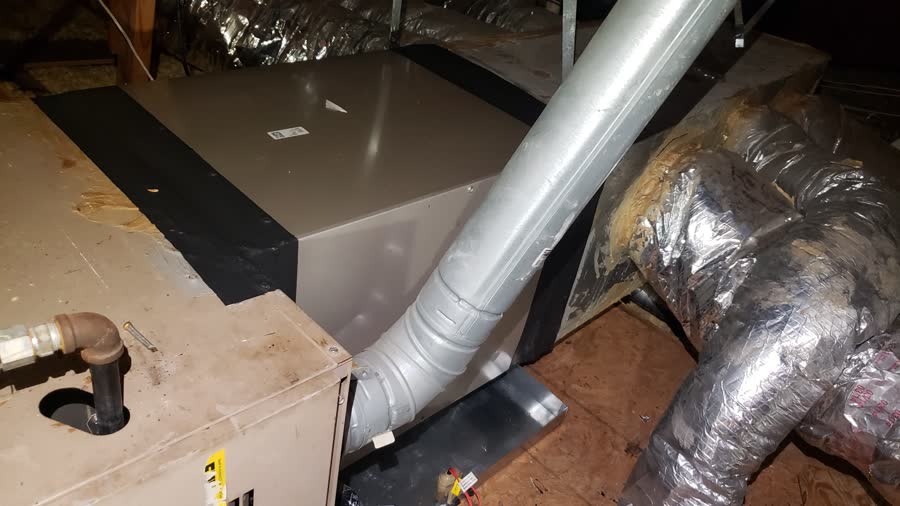 Attic air handler installed with new sheet metal plenum